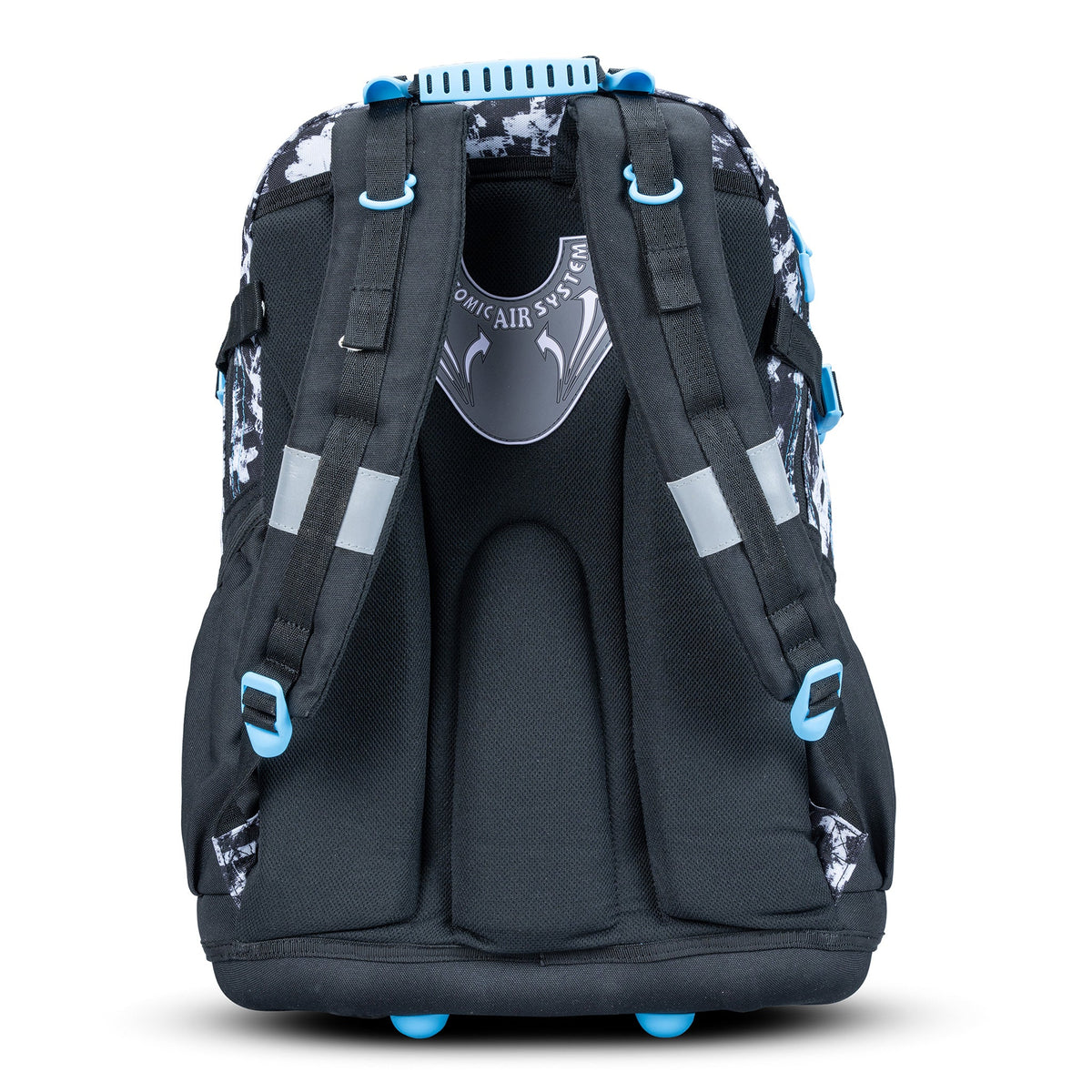 Kids school backpack black and white splatter print with blue buckles, padded back panel, ergonomic air system and reflective strips