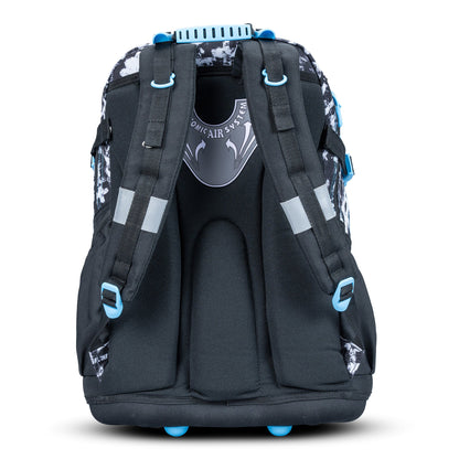 Kids school backpack black and white splatter print with blue buckles, padded back panel, ergonomic air system and reflective strips