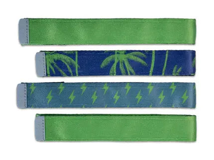 Four interchangeable watch straps in green, navy blue with palm tree print, and blue with green lightning bolt pattern